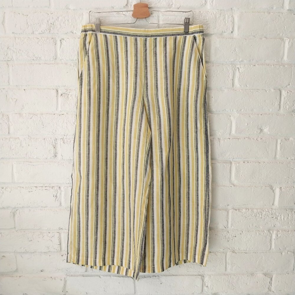 Ellen Tracy 100% Linen Pants Women Medium Yellow Striped Cropped Wide Leg Pocket